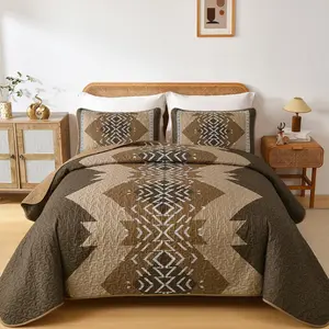 Brown Quilt Set King Size Boho Aztec Texture Bedspread Coverlet Set 3 Piece Soft Lightweight Bedding Set Geometric Bohemian Bedspread with 2 Pillowcases(Dark Brown,90"x103")