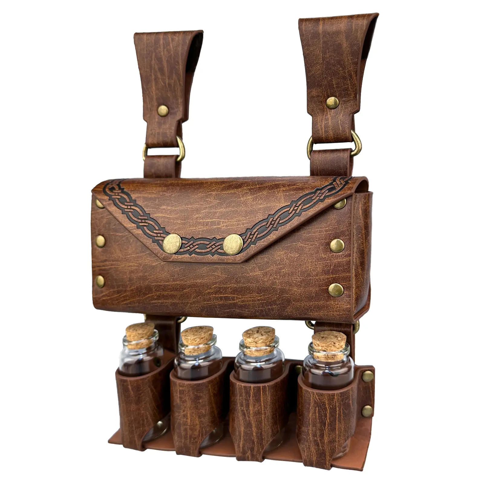 HiiFeuer Unisex Medieval Faux Leather Belt Bag - Dump Pouch for Belt, Fanny Pack, 4 Potion Vials, Geometric Fantasy Look, Retro Multi-Function Side Pack, Buckle Closure, Snug Vial-Fitting Pouch for Ren Faire Parties
