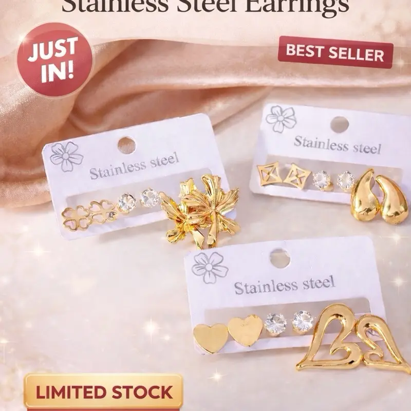 Stainless Steel Earrings - Best Seller, Limited Stock, Just In, Gold Color, Heart & Flower Designs, Fashion Jewelry