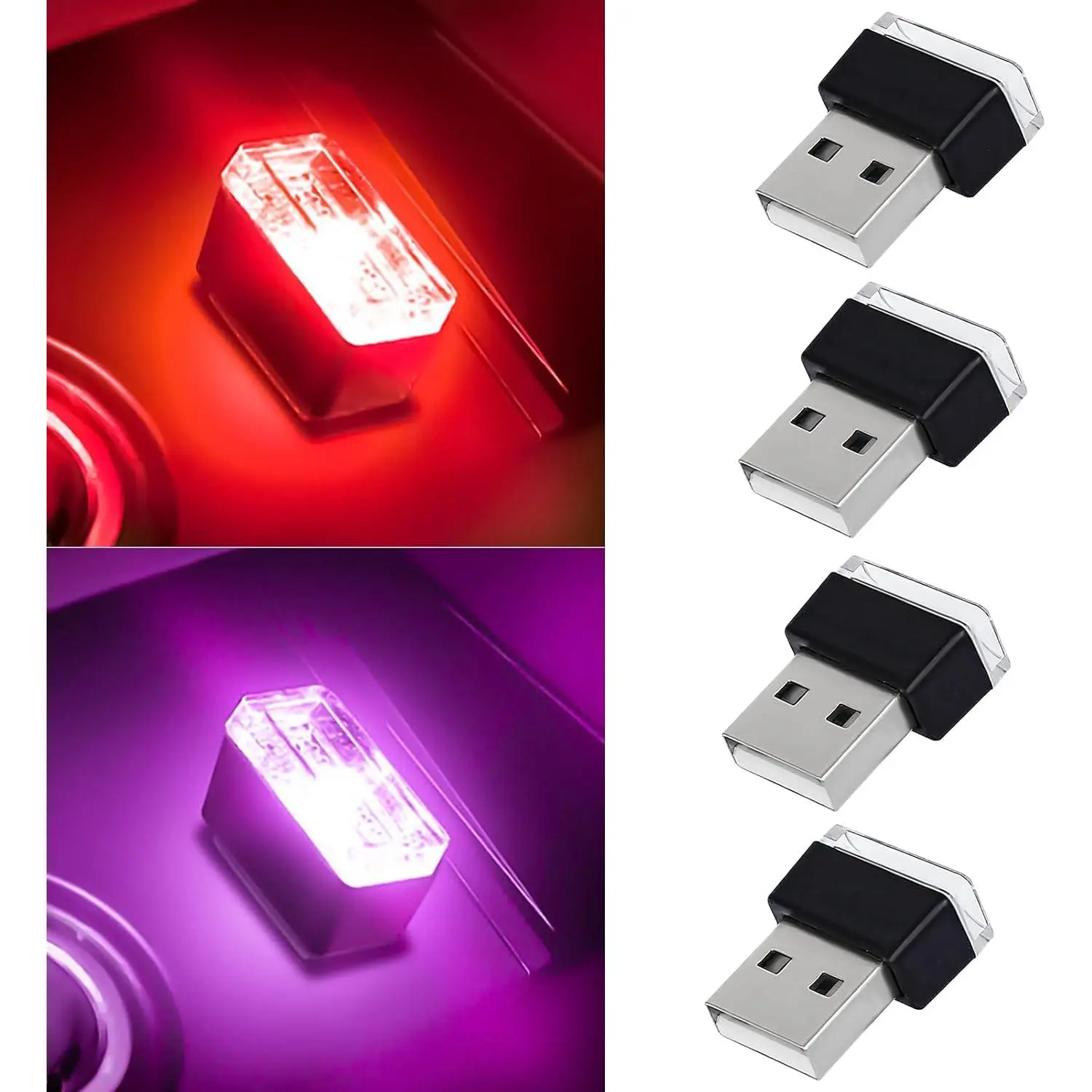 4-Count USB Car Decorative Light, Portable Mini Auto Interior Atmosphere Lamp, Plug-in USB Ambient Lighting Kit, Universal Car Interior Accessory (Red+)