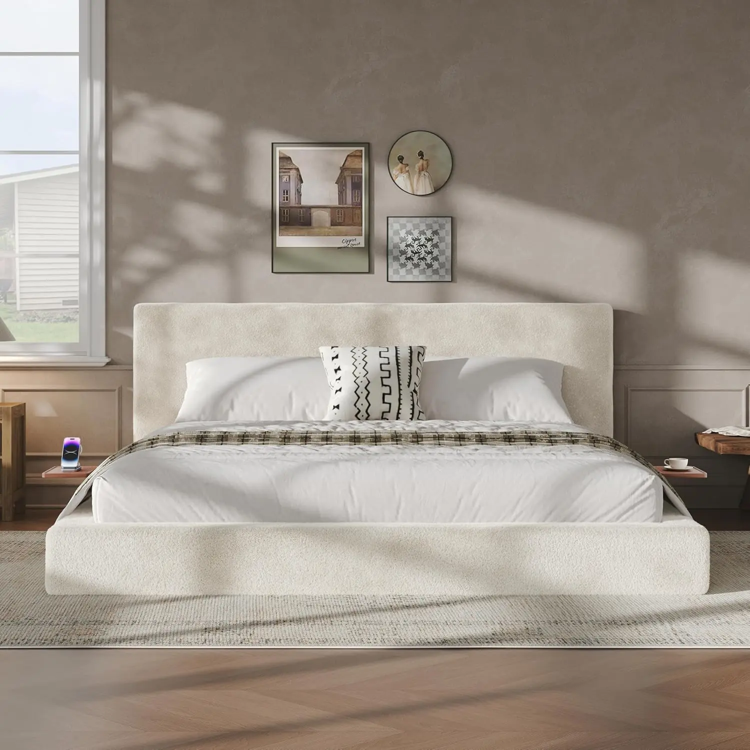 Queen/King Size Cloud Upholstered Bed Frame with Adjustable Sliding Side Table, Sherpa - Built-in Shelves, Low-Profile Anti-Collision Design(Off-White)