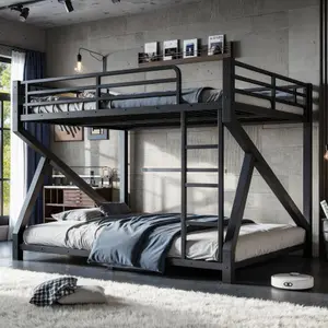 Queen Over Queen Metal Bunk Bed - Low Profile Heavy-Duty Frame with Built-In Ladder, Upgraded Support Slats, Scratch Resistant, Space-Saving Indoor Furniture for Shared Bedrooms, Suitable for Adults