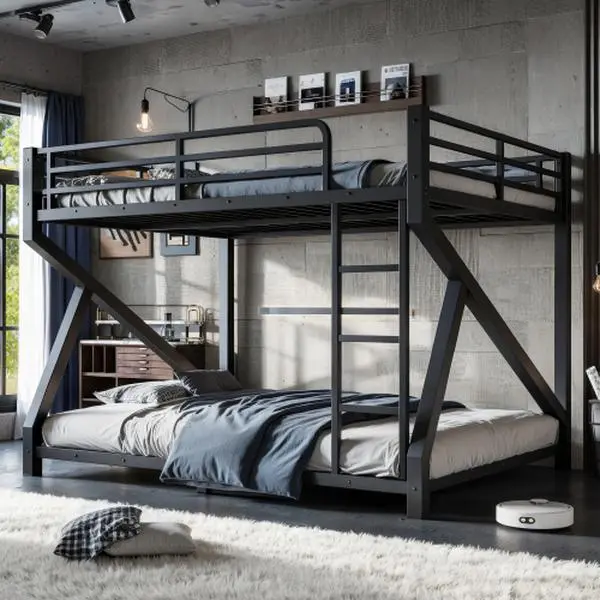 Queen Over Queen Metal Bunk Bed Frame - Low Profile Sturdy Heavy-Duty Frame with Built-In Ladder, Upgraded Support Slats, Scratch Resistant, Space-Saving Indoor Furniture for Family Spaces, Suitable for Adults