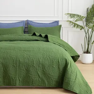 Queen Bedding Set - Soft Breathable Bed, Style Embossed Bedspreads, Lightweight Microfiber Reversible Coverlet for All, Green, 3 Pieces (1,2 Pillow Shams)