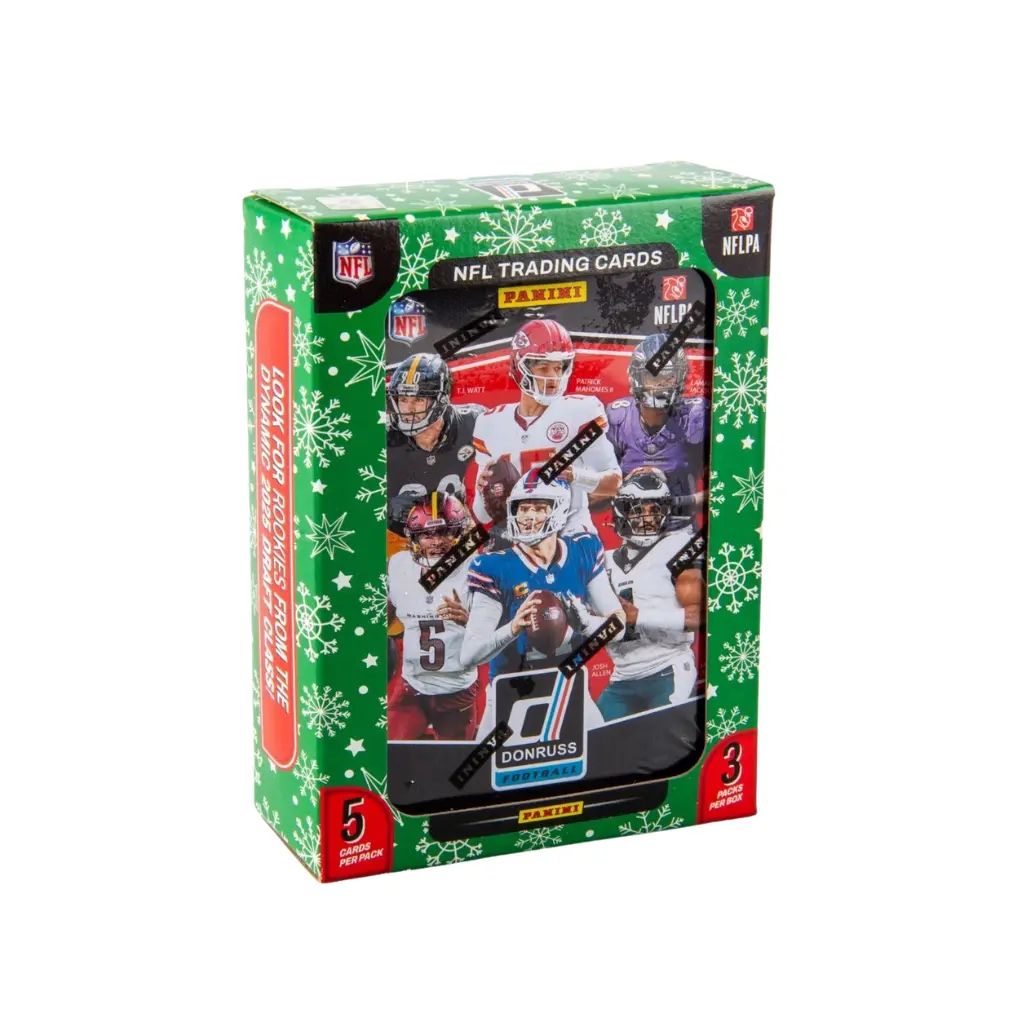2025 Panini Donruss Holiday Collectible Sports Card Tin - 3 Packs, 5 Per Pack, Football Trading Cards Personal Rip-and-Ship Box, Collectible Sports Cards, Sports Card Set