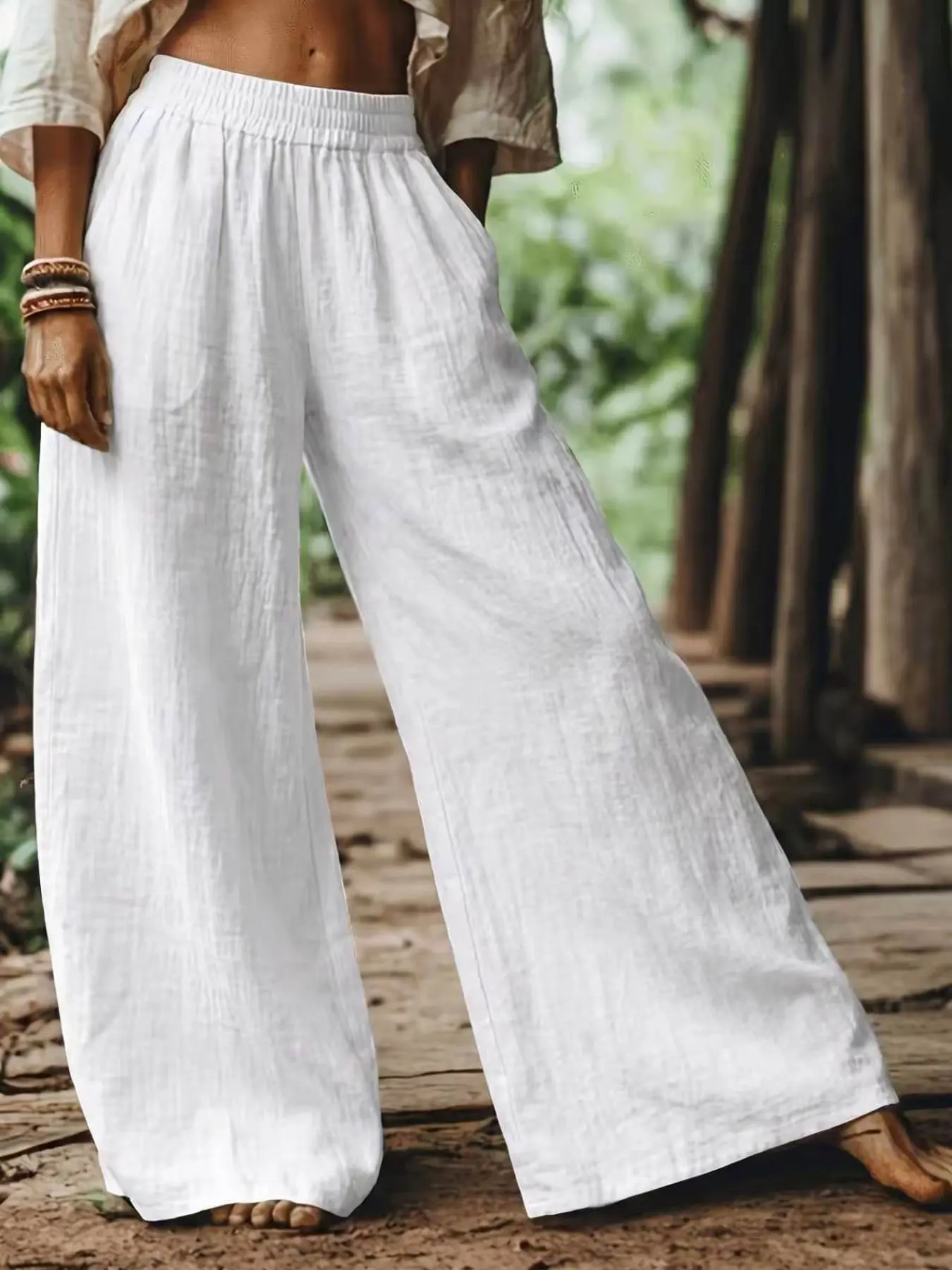 Women's Cotton Linen Wide Leg Pants, Casual Long Pants Trouser for All Seasons, Comfortable Breathable Fabric, Elastic Waist, Pocket Design, Boho Palazzo Pants