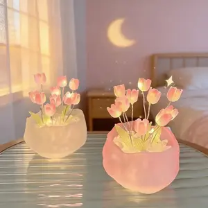 DIY Tulip Mirror Cube Lamp Flower Shaped Table Light Handmade Valentine Home Decor Gift for Girlfriend Mother Day Romantic