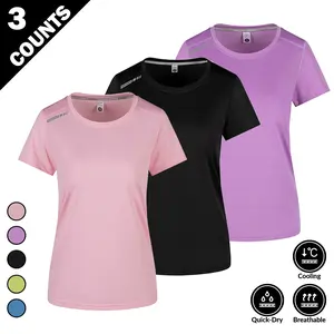 Women's 3-Pack Ice Silk Short-Sleeve T-Shirts, Dry-Fit Quick-Drying Breathable Cool-Touch Fabric, Stretchy Comfortable Athleisure Bundle Sports-Inspired Sweat-Resistant Tops for Fitness, Casual Wear, Athleisure Women's T-Shirts, Bundle Women's T-Shirts