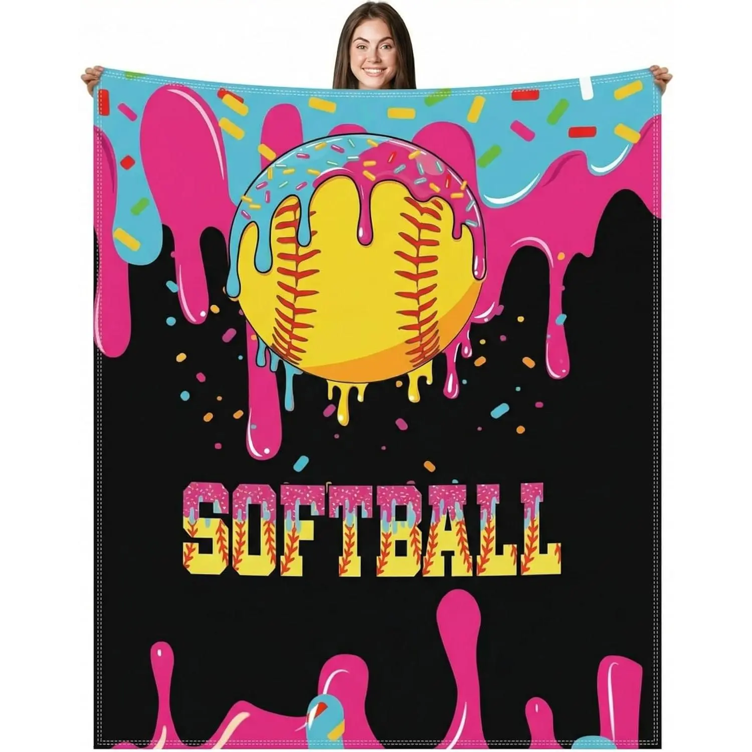 Softball Ice Cream Drip Single-Sided Print Polyester Flannel Blanket - Multi-Size, Soft Texture, Lightweight, Indoor Use - Fits Office Chair & Double Bed - Ideal for Gifting (Valentine's Day, Birthdays)