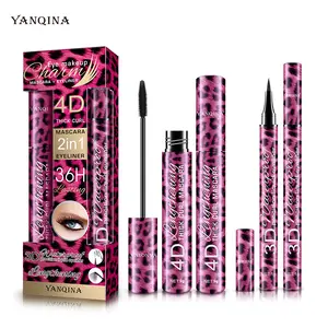 Waterproof and sweat-proof non-staining pink leopard print mascara + eyeliner | 24-hour long-lasting thick and curled long lashes | Mascara primer makeup set | Essential for beginners