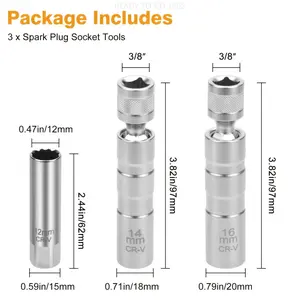 3pcs Magnetic Spark Plug Socket Set, 14mm&16mm , Thin Wall Magnetic Rotating 3/8" Drive 12 Point Standard Spark Plug Socket Removal Tool 360-degree Rotation for Maximum Flexibility