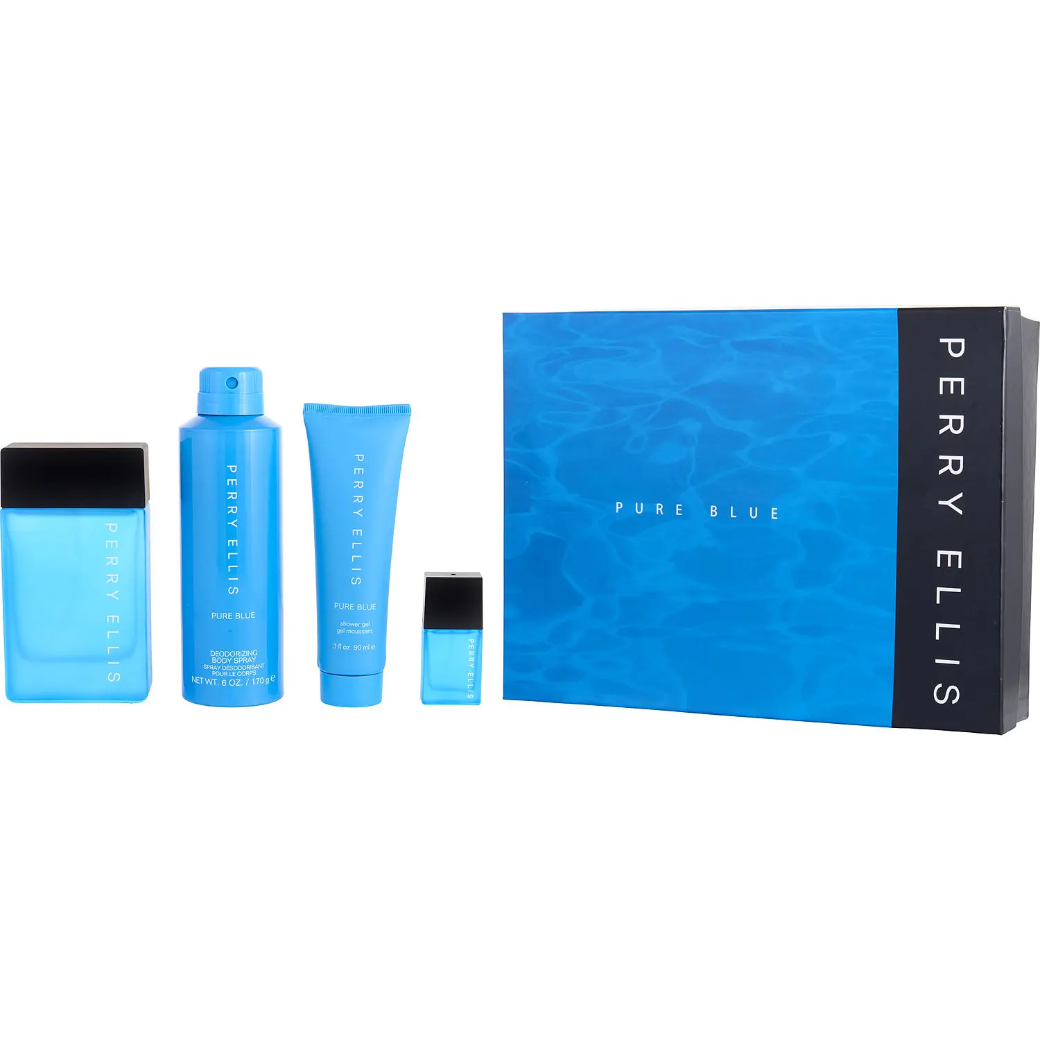 Perry Ellis Pure Blue Set-Edt Spray 3.4 Oz & Deodorant Spray 6 Oz & Shower Gel 3 Oz & Edt Spray 0.25 Oz For Men