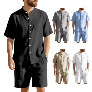 Men's 5-Color Linen 2-Piece Outfit - Stand Collar Short Sleeve Shirt & Loose Shorts, Breathable Summer Casual Set