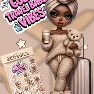 Cozy Travel Babe Vibes Sticker Pack - Adorable Traveler Girl with Teddy Bear and Coffee Cup for Luggage and Journals
