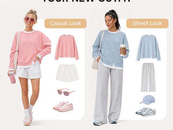Fisoew Women's Fake Two Piece Layered Sweatshirt, Crew Neck White Ribbed Cuff & Hem Patchwork Drop Shoulder Oversized Long Sleeve Pullover Top Hoodie Hoodie Fit Casual Fisoew Women's Fake Two Piece Layered Sweatshirt, Crew Neck White Ribbed Cuff & Hem Patchwork Drop Shoulder Oversized Long Sleeve Pullover Top Hoodie Hoodie Fit Casual