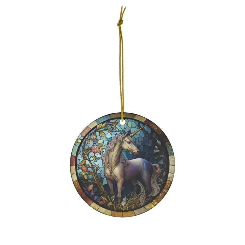 Unicorn Christmas Ceramic Ornament - White Circle/Star/Heart/Oval - Full-Color Imprint - Hanging String Included - Sublime Ornaments