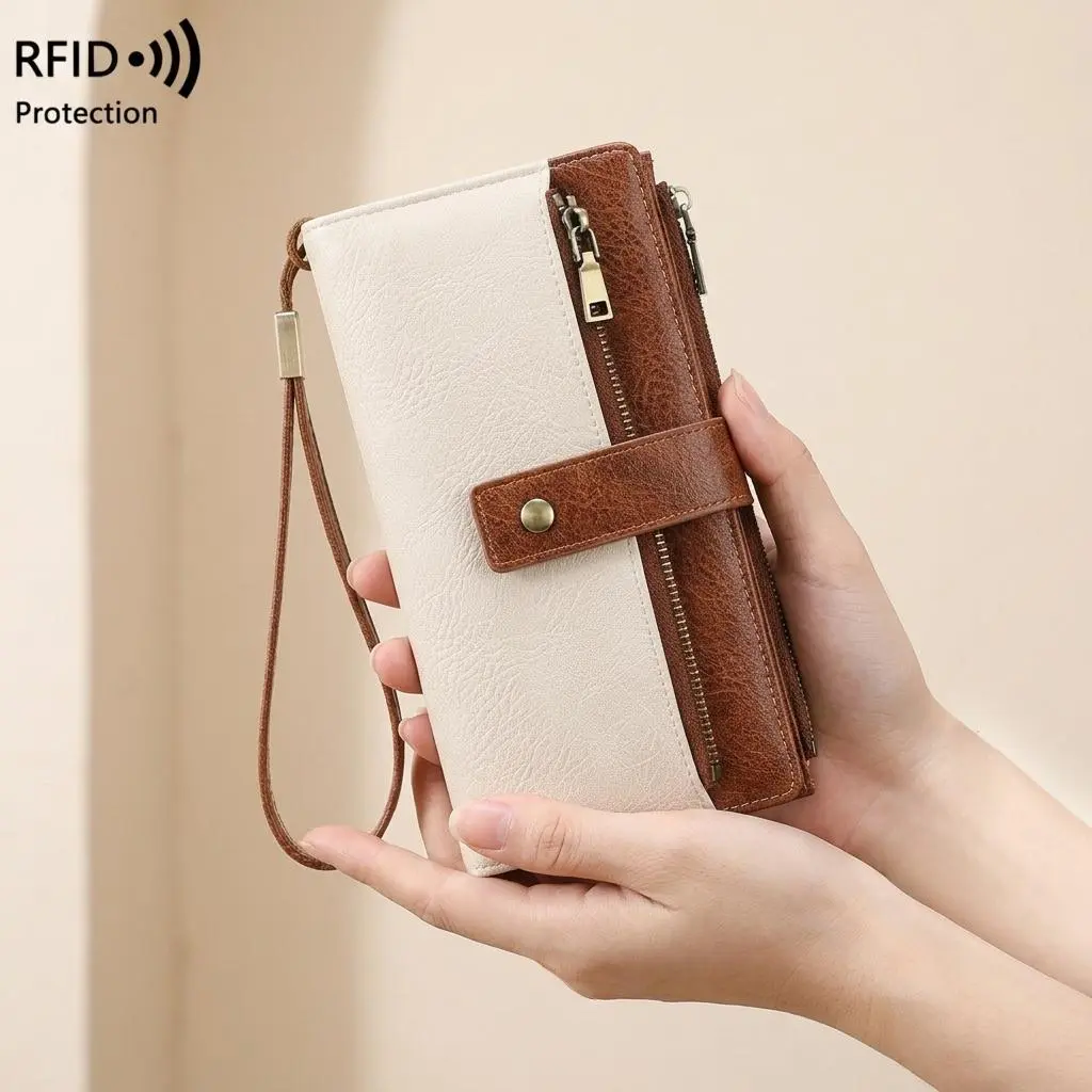 Two-tone RFID Blocking Faux Leather Long Wristlet Wallet, Cream & Brown