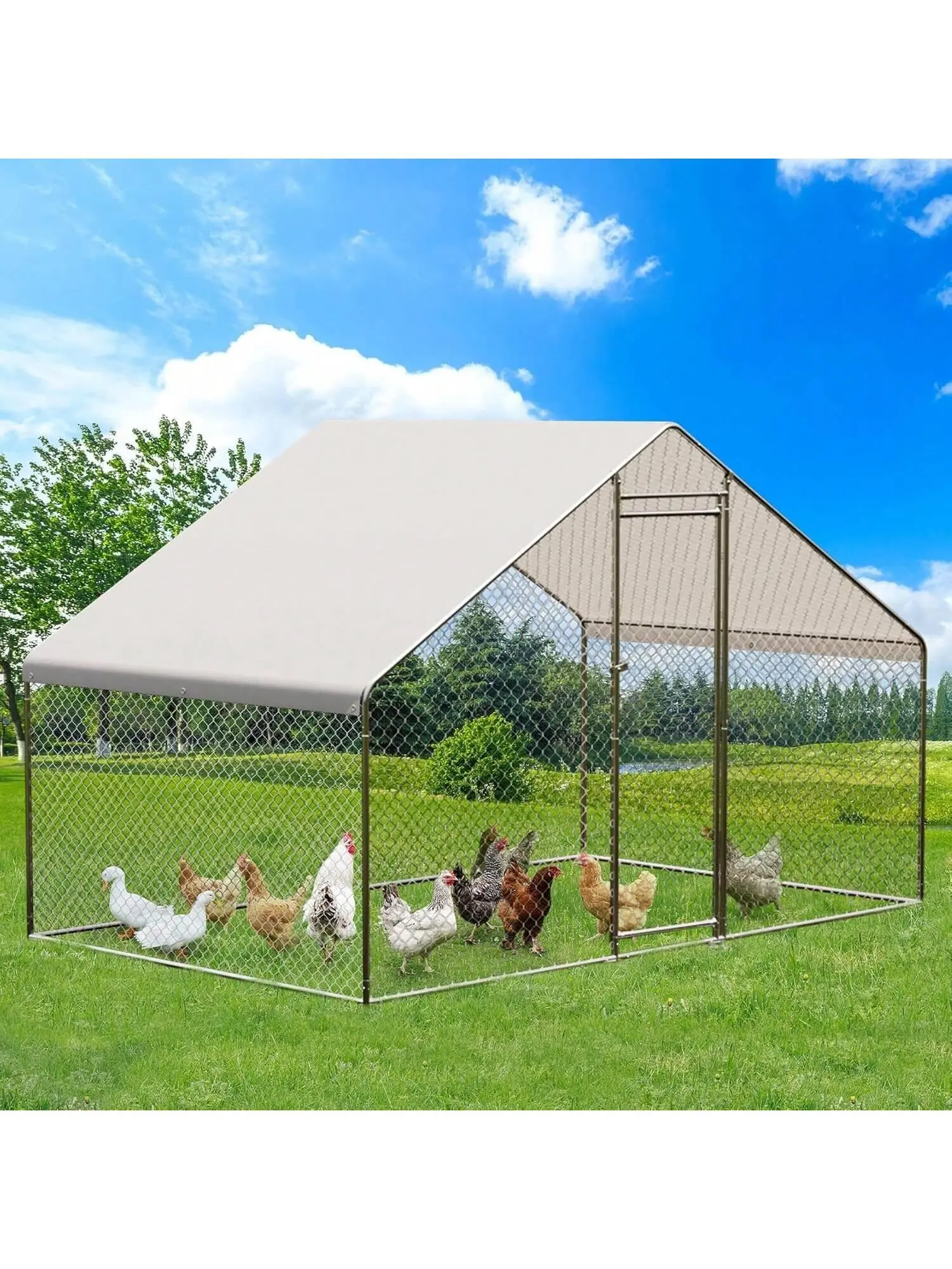 Gaomon Silver-L Large Metal Walk-In Chicken Coop Enclosure, Outdoor Farm Poultry House with Waterproof, Anti-Ultraviolet Cover