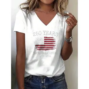 2026 V Neck T Shirt White American Flag 250 Years Semiquincentennial 1776 2026 Print For Independence Day Celebration