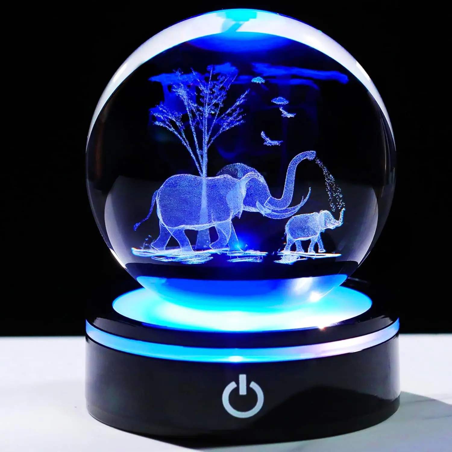 3D Elephant Laser Engraved Glass Crystal Ball Figurine (80mm) with Colorful Light Base, Gift Box Packaging, Animal & Nature Monumental Decor Collectible Accent for Home Office, Thanksgiving Gift for Women Mom