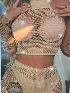 Desert Glow Rhinestone Fishnet 2-Piece Set | Halter Crop Top & Mini Skirt Matching Set | Sparkly Nude Aesthetic Rave Wear & Festival Outfit
