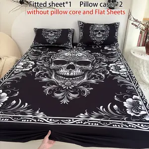 3PCS Dark Skull Gothic Style fitted Sheet Set (1 fitted  Sheet + 2 Pillowcases, No Pillows Included), Home Dorm High-Definition Digital Printing, Luxurious Artistic Feel of Dark Theme Bedding, Vintage Elegance