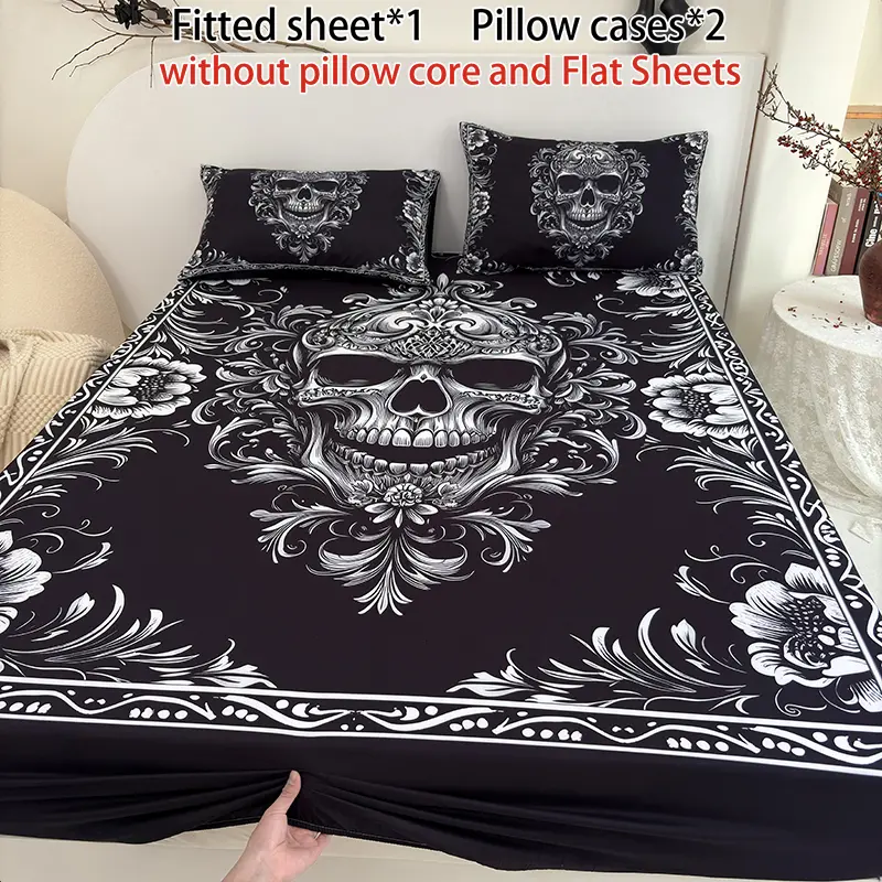 3PCS Dark Skull Gothic Style fitted Sheet Set (1 fitted  Sheet + 2 Pillowcases, No Pillows Included), Home Dorm High-Definition Digital Printing, Luxurious Artistic Feel of Dark Theme Bedding, Vintage Elegance summerwins
