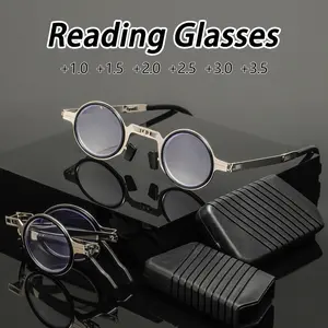 2 Pairs Set Men's Metal Round Folding Portable Reading Glasses, Simple Elegant Classical Casual Fashion, Stylish Old Lenses