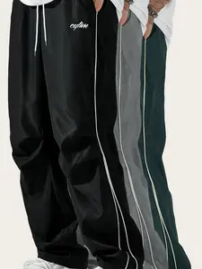 Men's Letter Print Drawstring Waist Pants, Casual Comfy Contrast Binding Pocket Straight Leg Trousers for Daily Wear, Unisex Bottoms for All Seasons