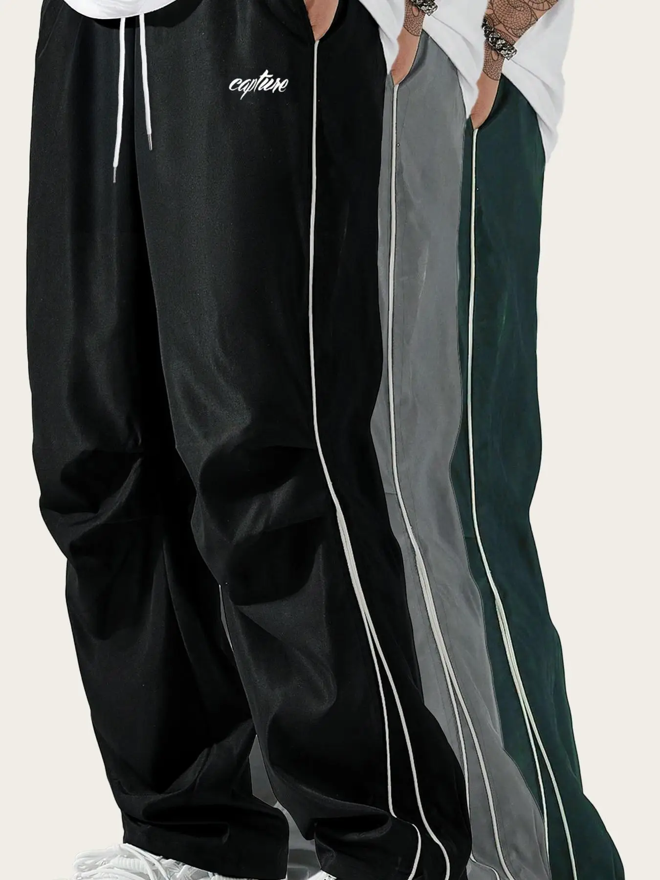 Men's Letter Print Drawstring Waist Pants, Casual Comfy Contrast Binding Pocket Straight Leg Trousers for Daily Wear, Unisex Bottoms for All Seasons