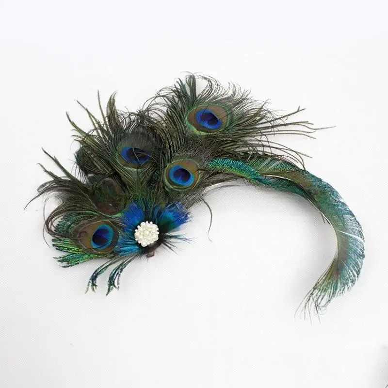 Women's Peacock Feather Fascinator Hair Clip - Graceful Rhinestone and Pearl Accent Headpiece for Cocktail, Derby Parties