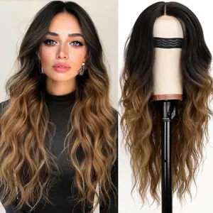 Long Wavy Wig for Women 26 Inch Black to Brown Wig Lace Hairline Wig Middle Part Synthetic Heat Resistant Natural Looking Wig for Daily Party