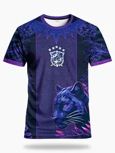 Brazilian Panther Men's Football Jersey & Leopard Round Neck Comfortable Sport Shirt, Lion Necklace Print, Casual Wear, Fan Gift