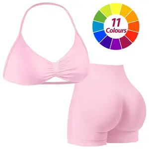 JGS1996 Women's 2 Piece Solid Backless Halter Crop Top & High Waist Shorts Sports Set Breathable Seamless Yoga Gym Running Outfit