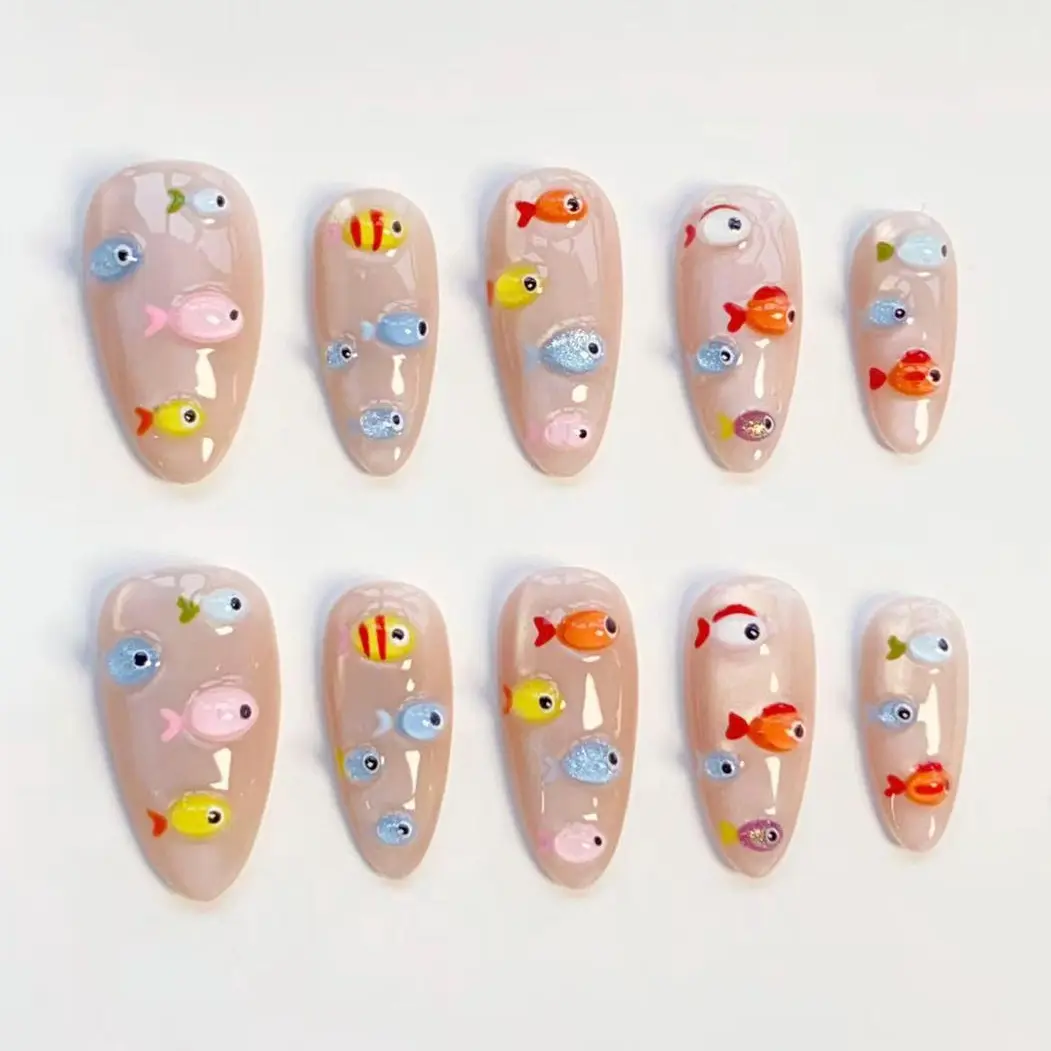 3D Colored Fish Nails/press on nails long almond nails/Cute Summer nails/Glitter cat eye nails/Holiday nails/Koi Nails/Custom Nails
