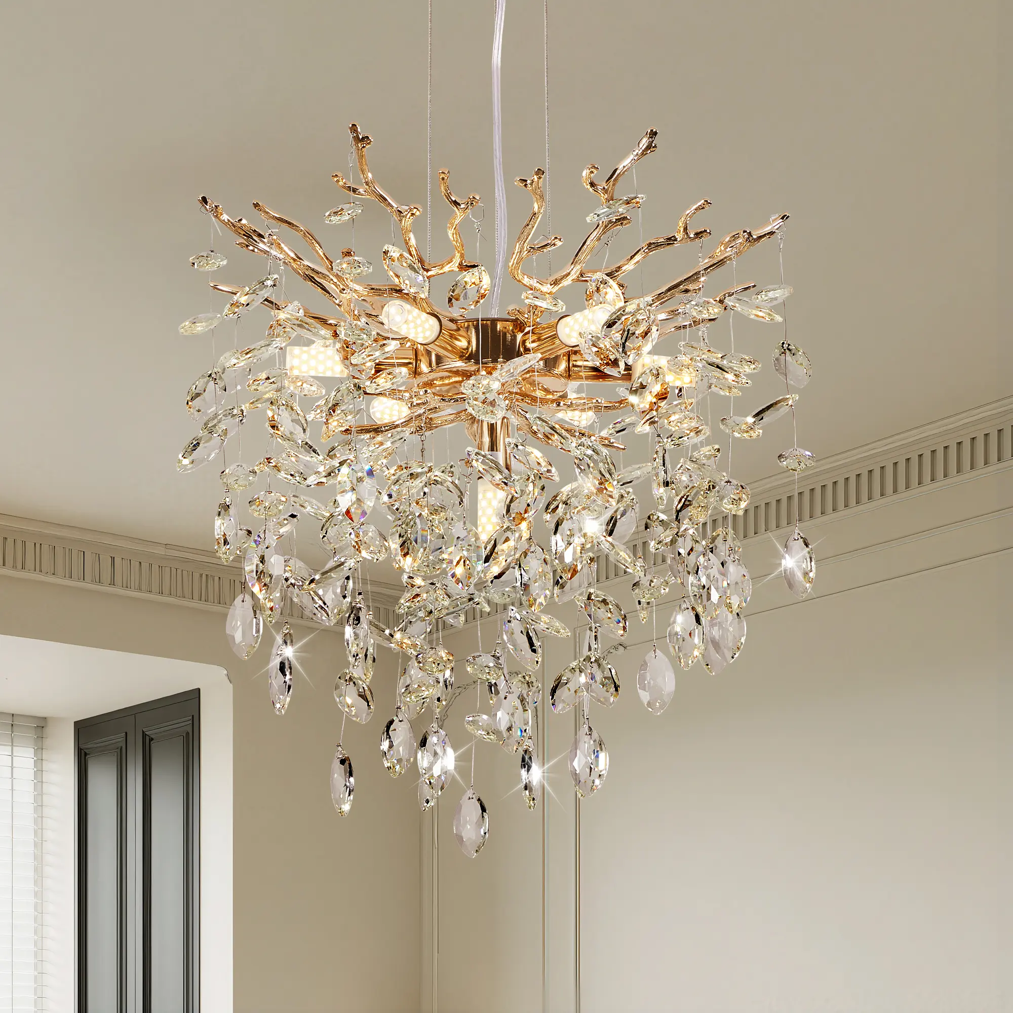 Golden Crystal Chandelier - 7-Light Modern Gold Decorative Ceiling Light, Indoor Home Improvement Fixture for Dining Room, Kitchen (with Photos Hosting)