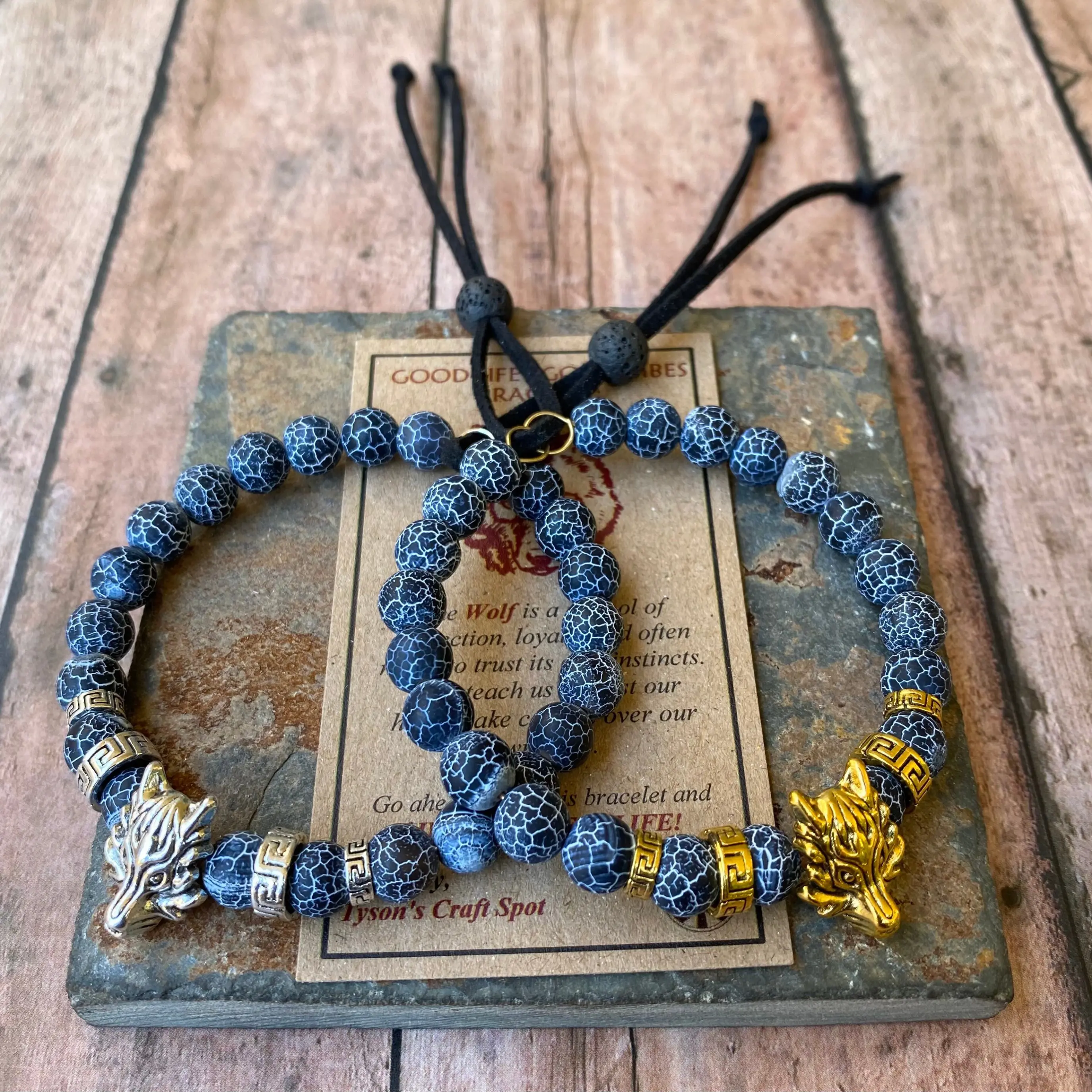 Blue Gray Wolf Bracelet, Blue Gray Cracked Agate Bracelet, Adjustable Bracelet, Beaded Bracelet Men, Boyfriend Gift, Father's Day Gift.