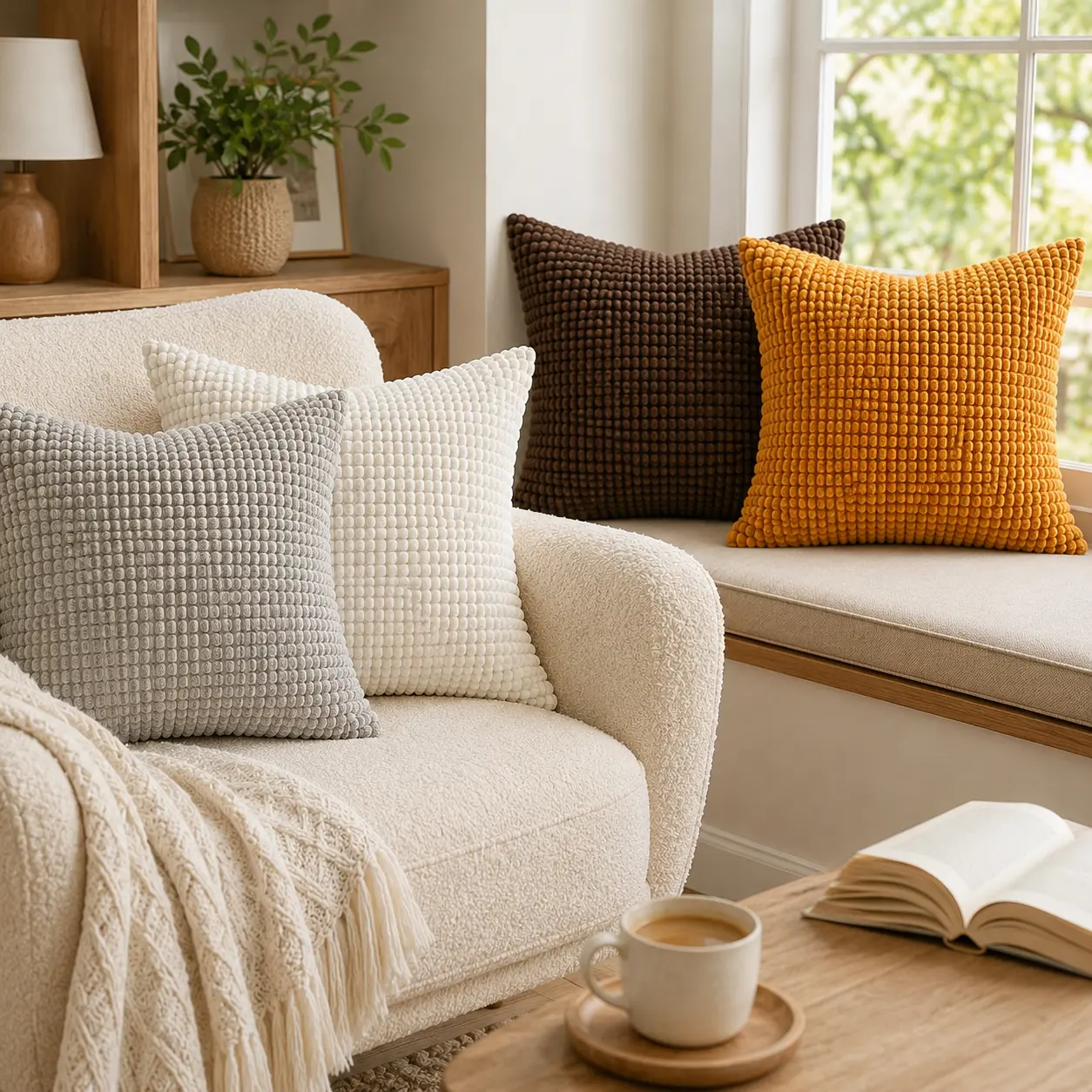 2 Pack 18×18 Inch Corduroy Throw Pillow Covers, Textured Corn Kernel Striped Decorative Cushion Cases with Invisible Hidden Zipper, Square Pillow Covers Only for Sofa Couch Bed Living Room Farmhouse Home Decor