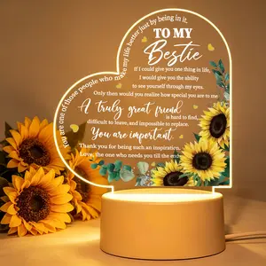 Heart Sunflower Acrylic LED Night Light To My Bestie Friendship Quote Lamp Birthday Holiday Sentimental Gift For Best Friend