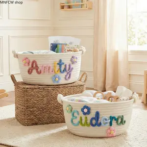 Minimalist Letter-Embroidered Cotton Rope Diaper Caddy | Multi-Functional Nursery Organizer, Portable Storage Basket for Baby Essentials & Toys