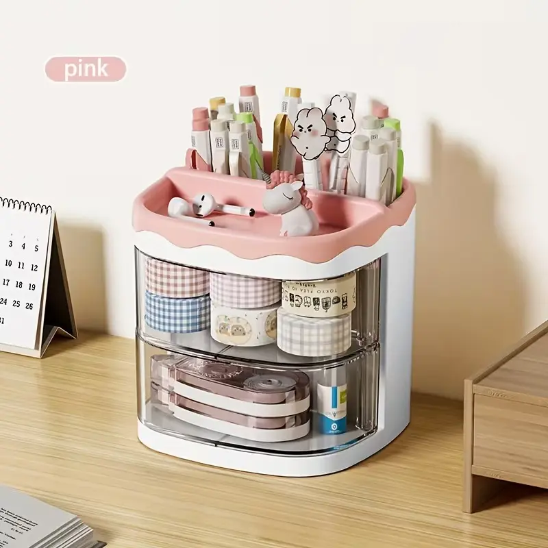3-Layer Transparent Rotating Desktop Storage Box with Pen Holder, Cute Cat Decor, Dustproof Smooth Pull Design, Office Supplies Organizer, Aesthetic Desk Accessories