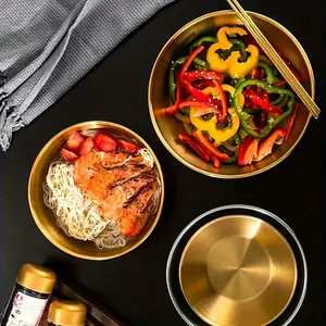 3pcs Golden Stainless Steel Salad Bowl Set with Measurement Marks - Easy Clean, Perfect for Cold Noodles & Fruits, Salad Serving Bowls