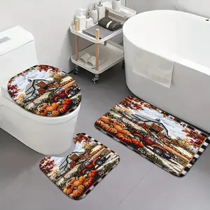 Autumn Pumpkin Faux Wool Bath Mats Set, Soft Cozy Comfortable Absorbent Non-Slip, Traditional Style Bathroom Decor, Fall Seasonal Home Accessories, Bathroom Rug, Bathroom Floor Mat, Toilet Mat, Bathroom Accessory