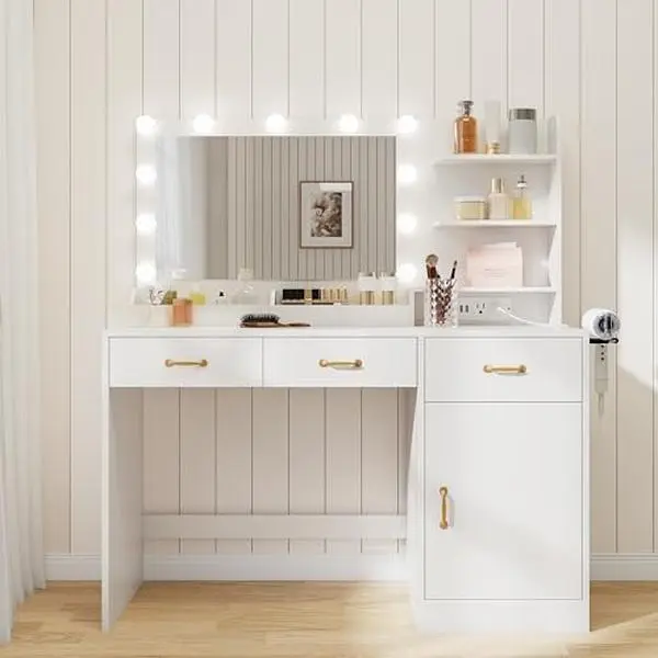 White Modern Dressing Table with Mirror, 11 LED Lights, Power Outlet and 3-Drawer Storage Cabinet for Bedroom (Vanity Desk)