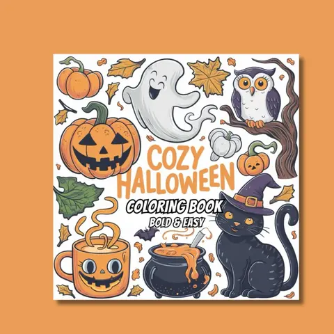 Kids Halloween Spooky English Coloring Book - 8.5x8.5 in, 40 Easy-to-Color Bold Outline Designs, Single-Sided Marker-Friendly Pages, Fun Artistic Expression Tool, Relaxing Activity Book for All Skill Levels