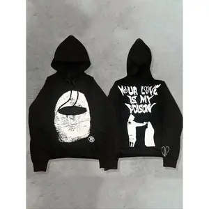 Black hoodie with the phrase "Your love is my poison" and a mask pattern, featuring a dark and avant-garde design, perfect for creating a fashionable and rugged streetwear look GARMENTARY