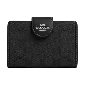 COACH Corner Zip 13 Logo Snap Closure Jacquard Leather Wallet for Women in Black