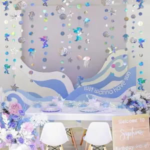 4-Pack Paper Iridescent Mermaid Bubble Garland Set with Seashells, Starfish, Holographic Accents - 40 Ft Ocean Theme Decor for Wedding, Summer Party, Coastal Home Displays