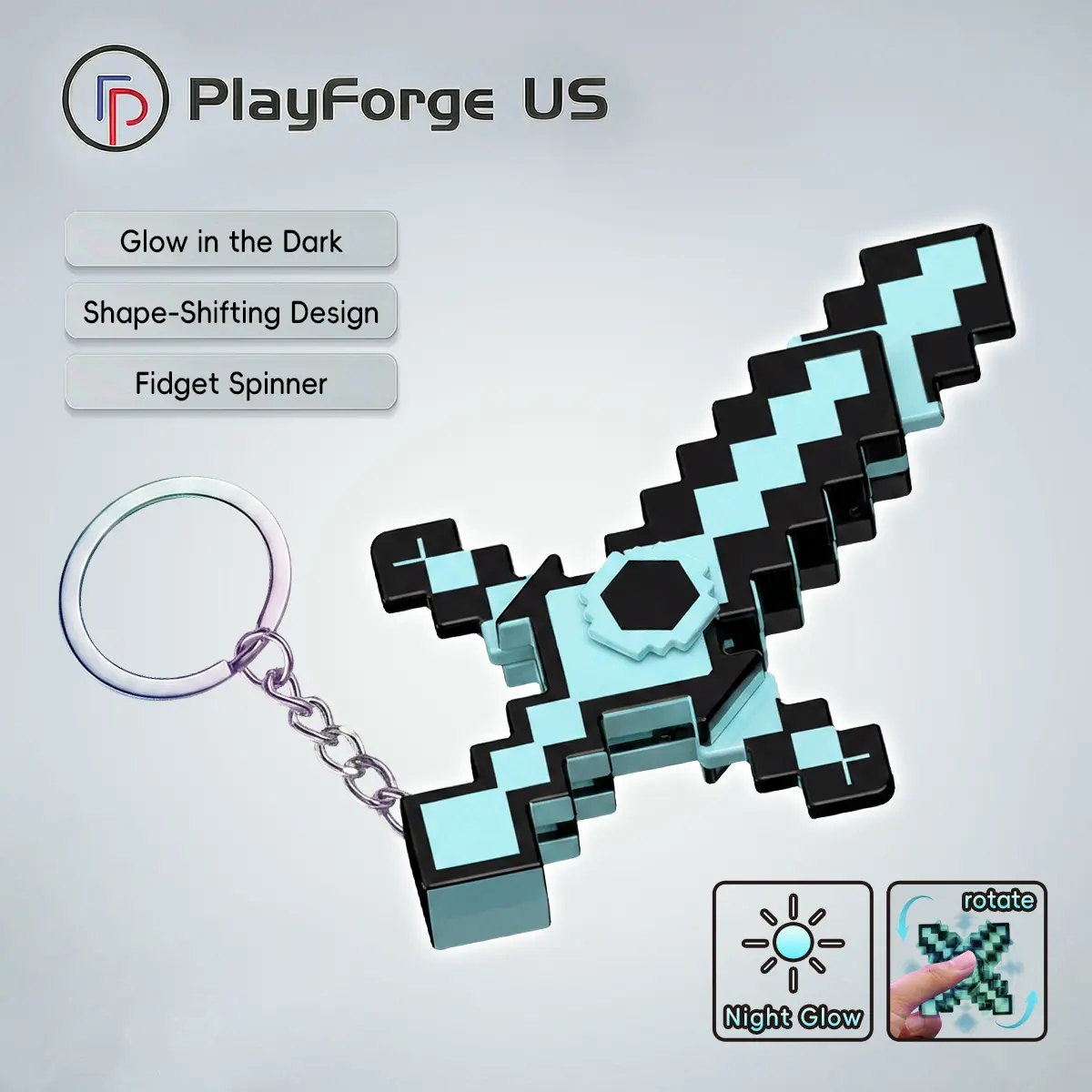 Video Game-Inspired Glow-in-the-Dark Pixel Sword Fidget Keychain - Portable Multi-Function Teens’ Spinable Hand Spinner Toy, Shape-Shifting Design, Everyday Stress Relief Collectibles
