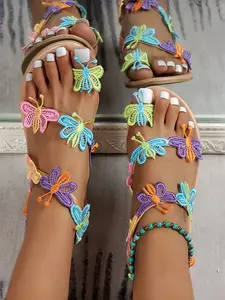 Women's Trendy Bohemian Butterfly Flat Sandals, Colorful Embroidered Fabric Breathable Summer Open Toe Slides, Comfortable Non-Slip Durable Sole, Lightweight Design, Lightweight Stylish Versatile Easy-to-Match Summer Shoes for Casual, Vacation